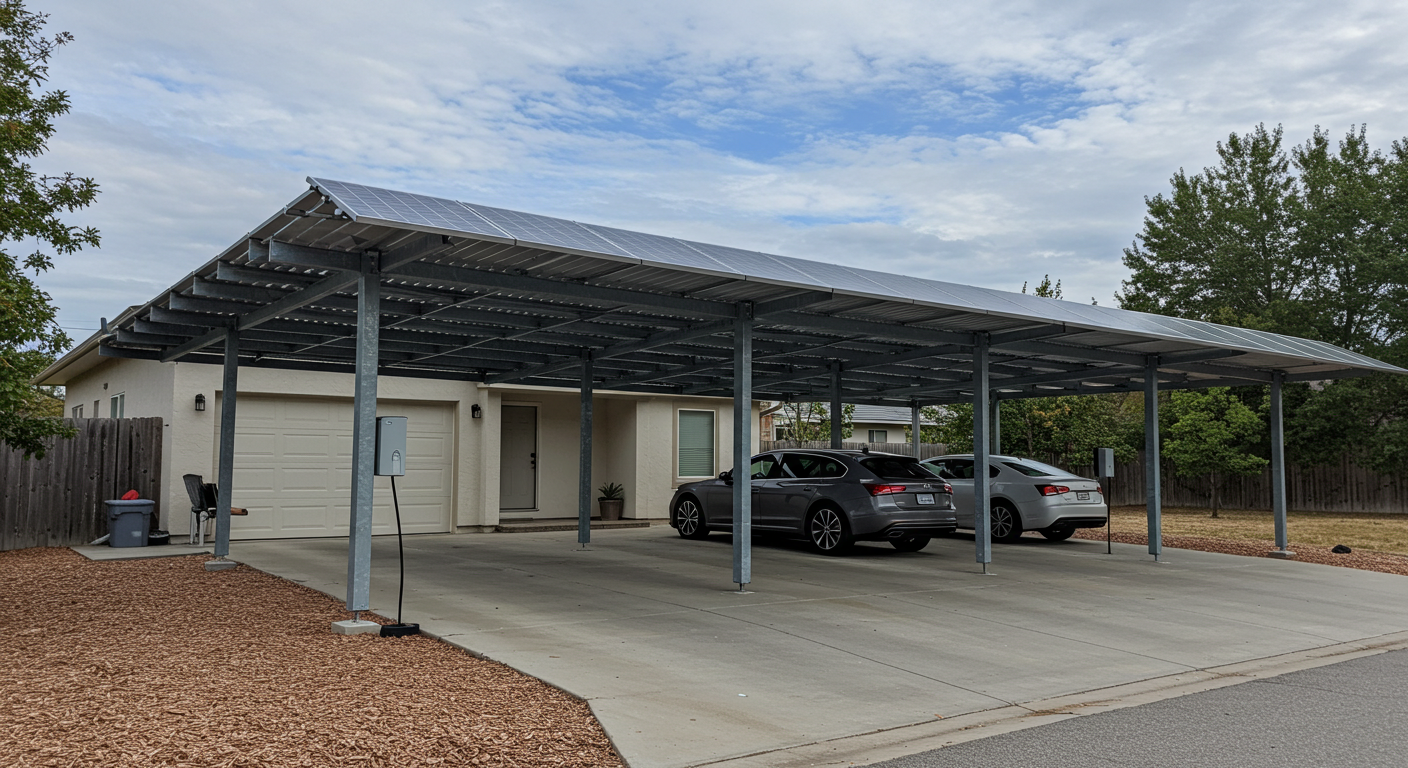 Rack mounted solar panels over the driveway